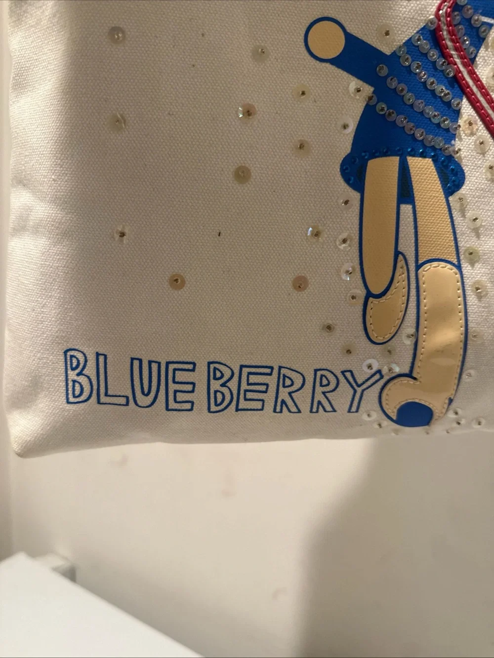 Coach Cream Canvas Tote with Blueberry Print & Navy Handles